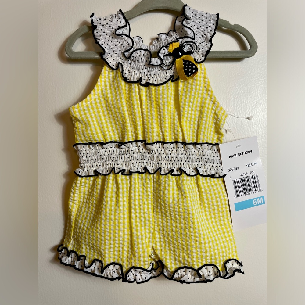 NWT Rare Editions Bumblebee Yellow and Black Gingham Seersucker Baby Romper 6 mo